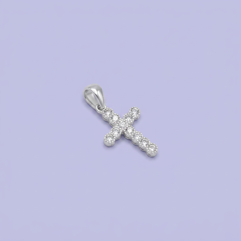 Dije de Plata .925 Cruz Pequeña con Zirconias Redondas de Diseño Especial Brillante mod. 2875