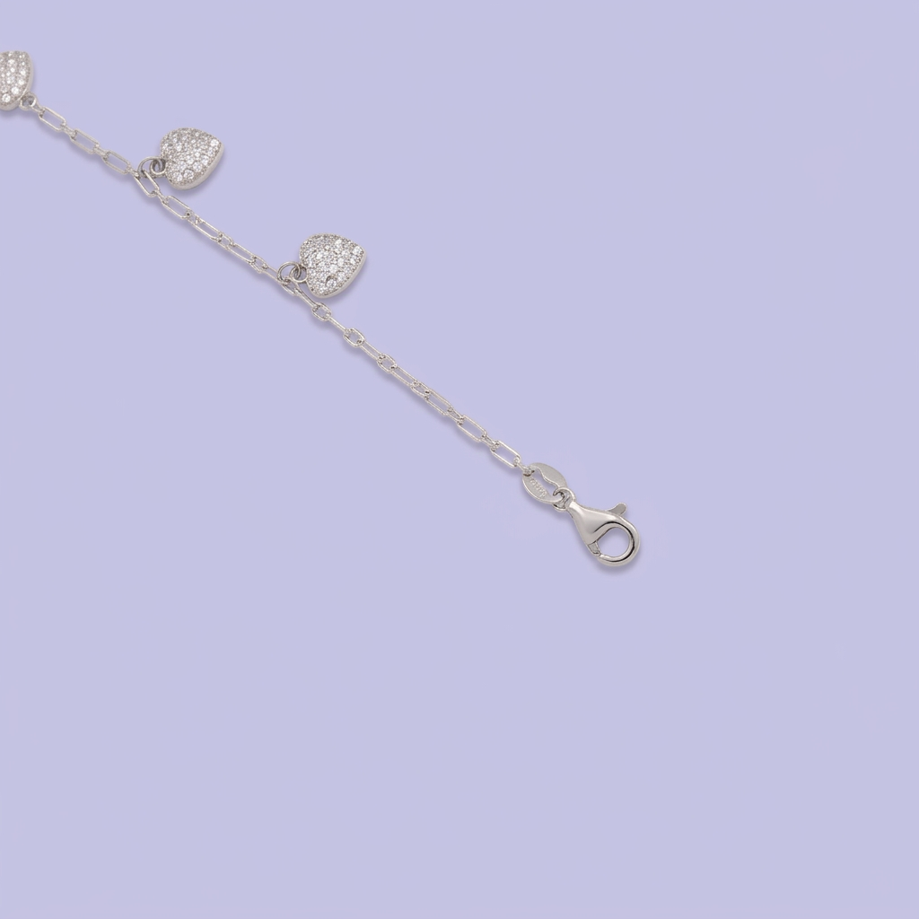 Pulsera de Plata .925 Tejido Clip Fino con Corazones Incrustados con Zirconias Finas mod. 3090