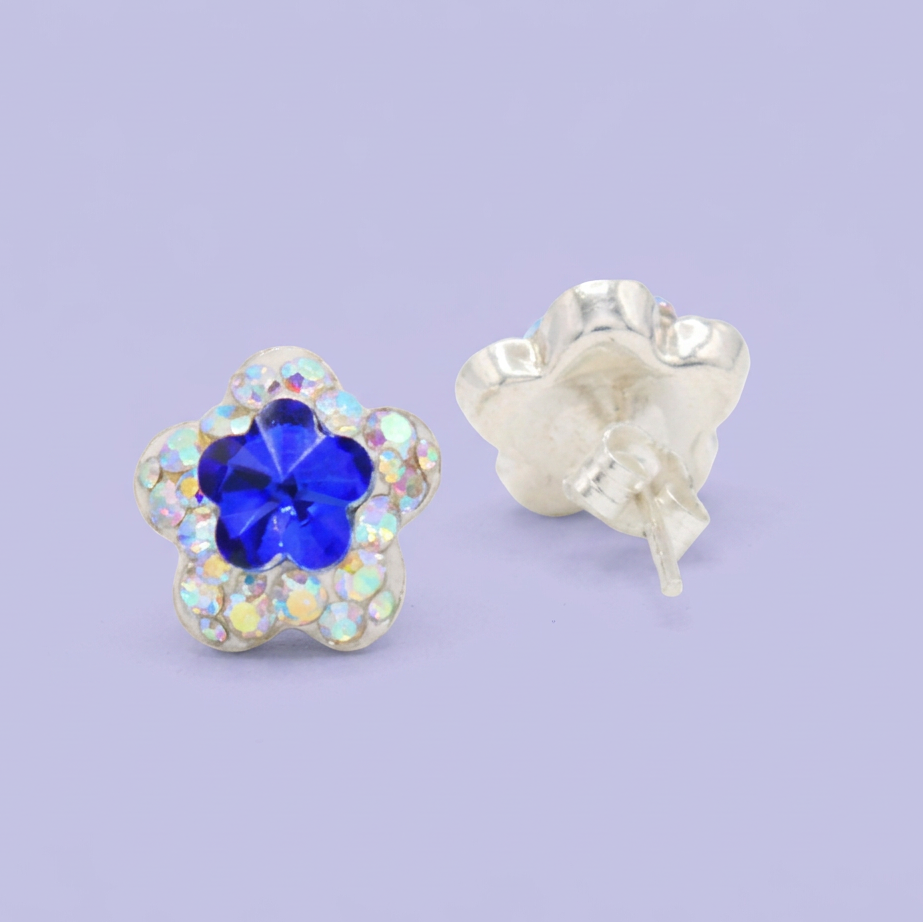 Arete de Plata .925. Flor Azul Rey e Incrustación de Zirconia mod. 3197