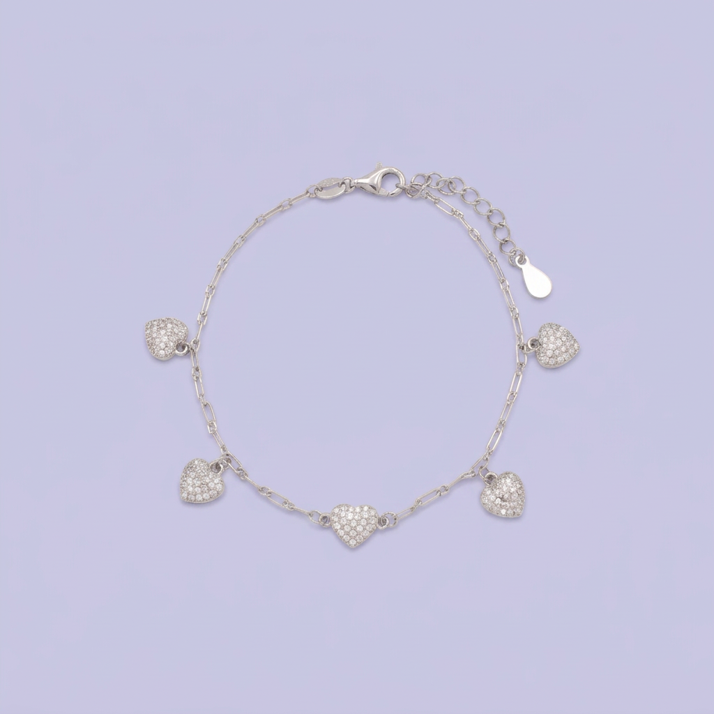Pulsera de Plata .925 Tejido Clip Fino con Corazones Incrustados con Zirconias Finas mod. 3090