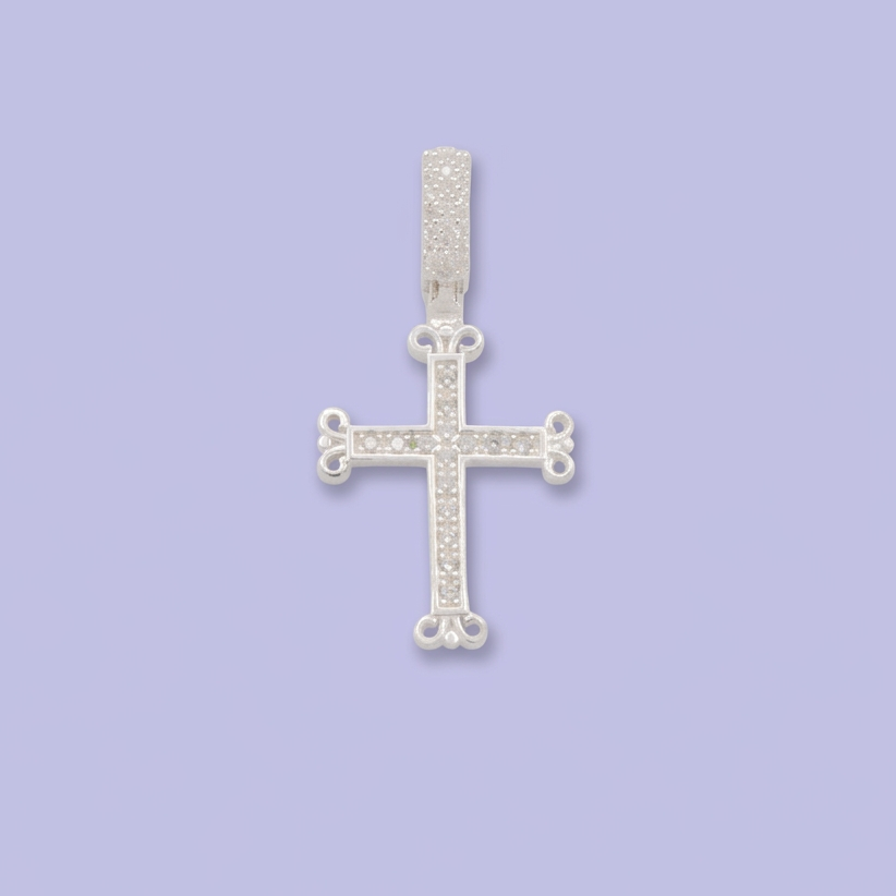 Dije de Plata .925 Cruz Delgada con Puntas en Doblés Incrustada de Zirconias mod. 2874