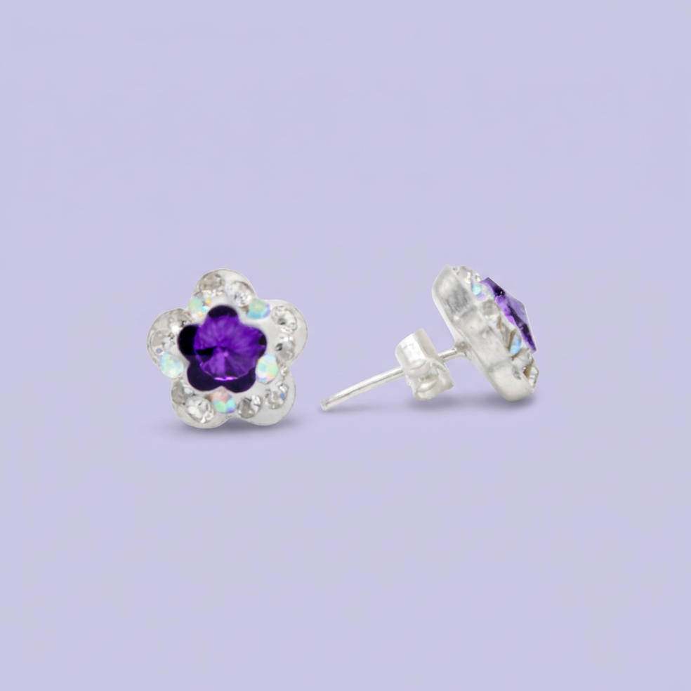 Arete de Plata .925. Flor  Violeta e Incrustación de Zirconia mod. 3199