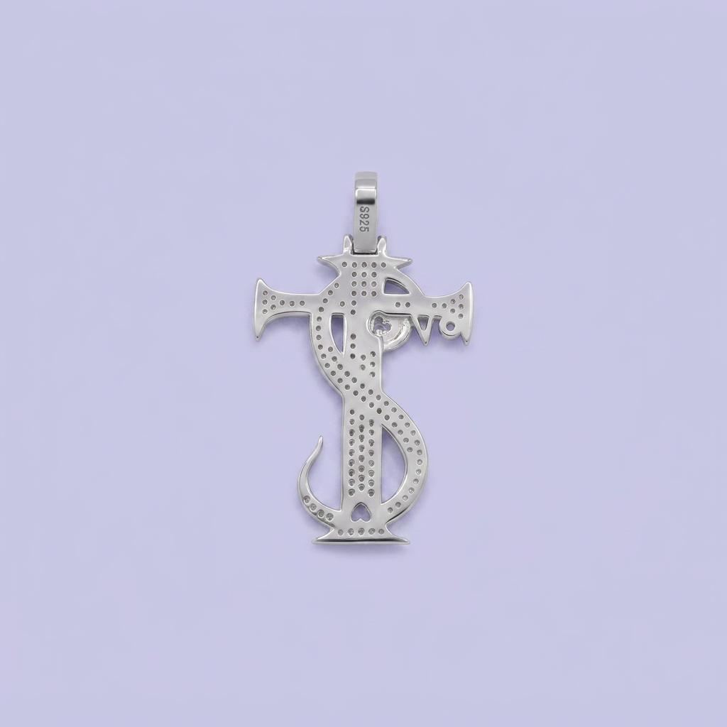 Dije de Plata .925 Cruz con Serpiente y Corazones con Incrustación de Zirconias mod. 2881