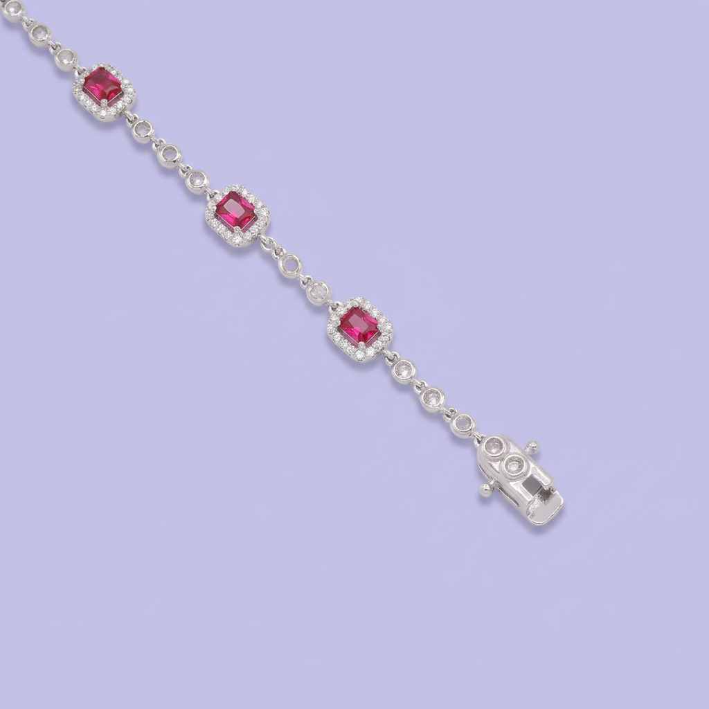 Pulsera de Plata .925 Diseño Elegante Tejido de Cuadros con Zirconias de Color Rojo Rubí mod. 3088