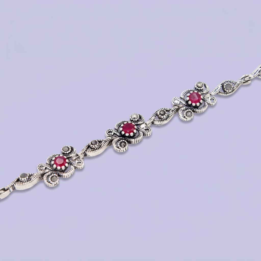 Pulsera de Plata .925 Diseño con Flor de Zirconia Magenta Detallada con Marquesitas mod. 3087