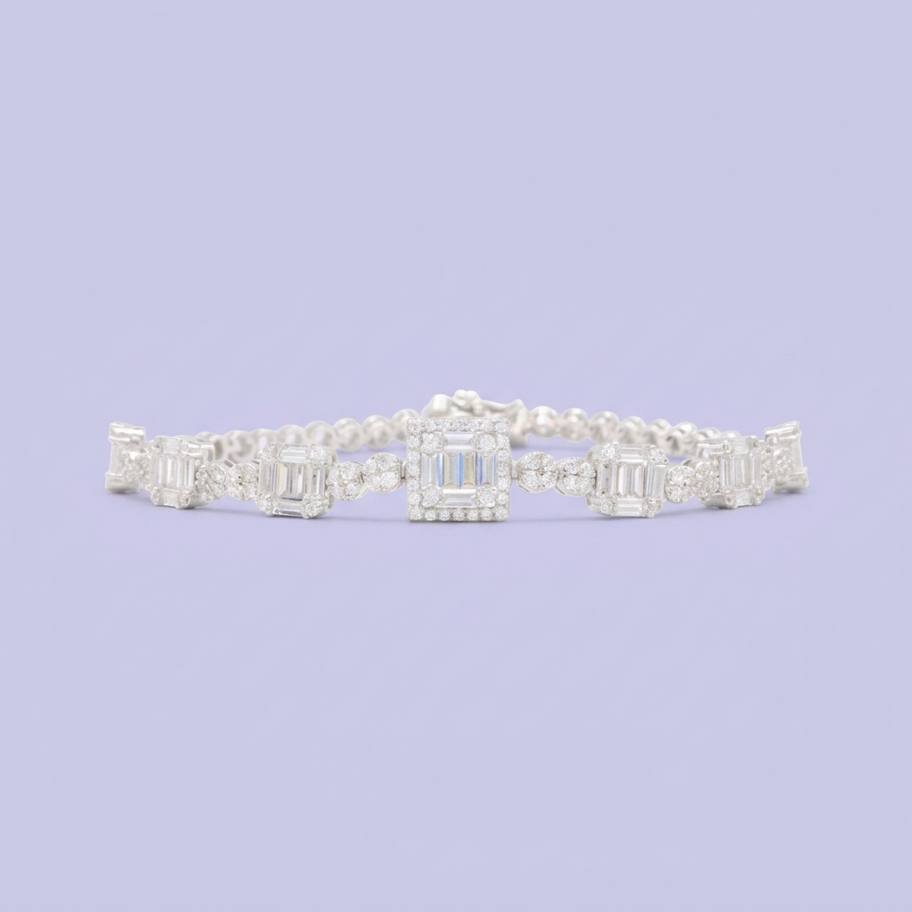 Pulsera de Plata .925 Tejido Elegante Tejido Circular con Eslabones Cuadro con Zirconias Baguette mod. 3080