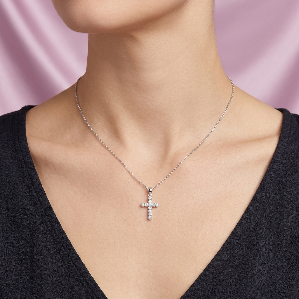 Dije de Plata .925 Cruz Pequeña con Zirconias Redondas de Diseño Especial Brillante mod. 2875