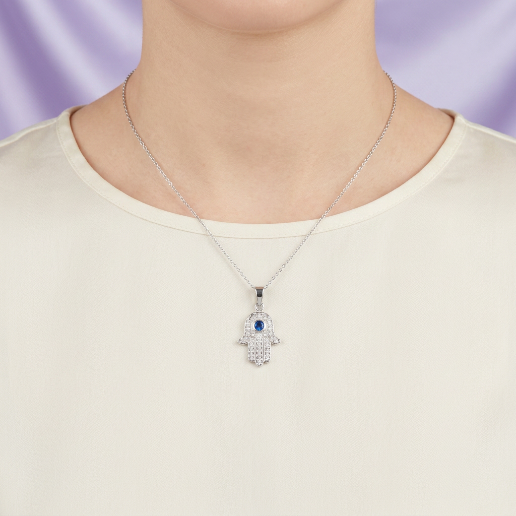 Dije de Plata .925 Mano de Fátima con Zirconia Color Azul Zafiro mod. 3004