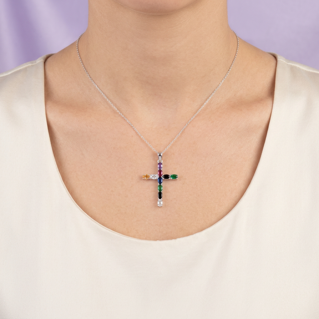 Dije de Plata .925 Cruz con Zirconias Ovales en Colores Varios mod. 2876