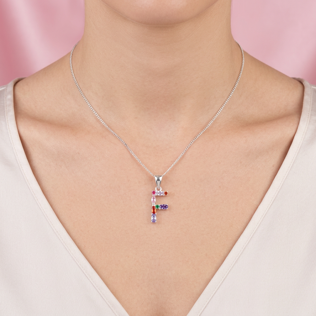Dije de Plata .925 Letra F Zirconias de Colores mod. 2210