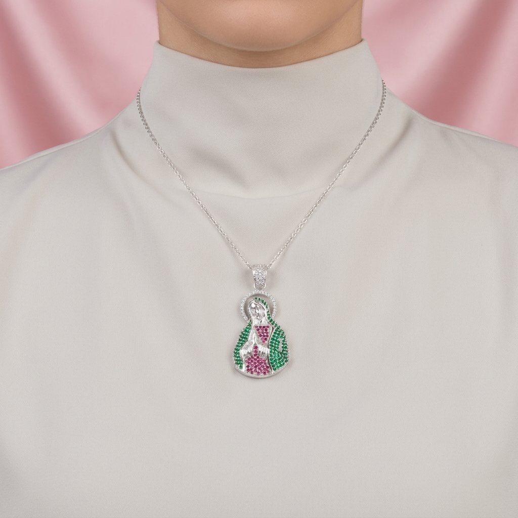 Dije Bulto de Plata .925 Busto de Virgen Guadalupe Incrustada con Zirconias Finas mod. 2550