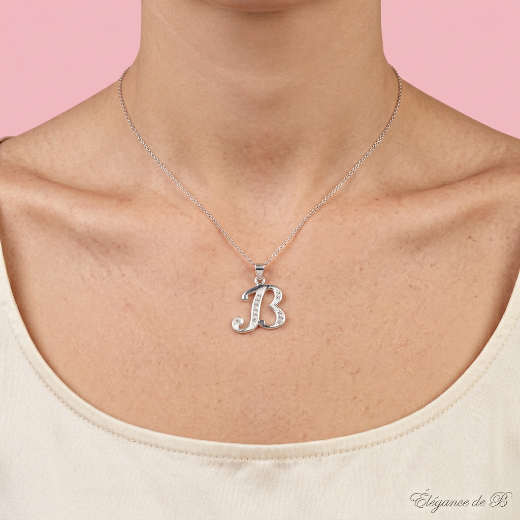 Dije de Plata .925 Letra B Cursiva con Zirconias mod. 2232