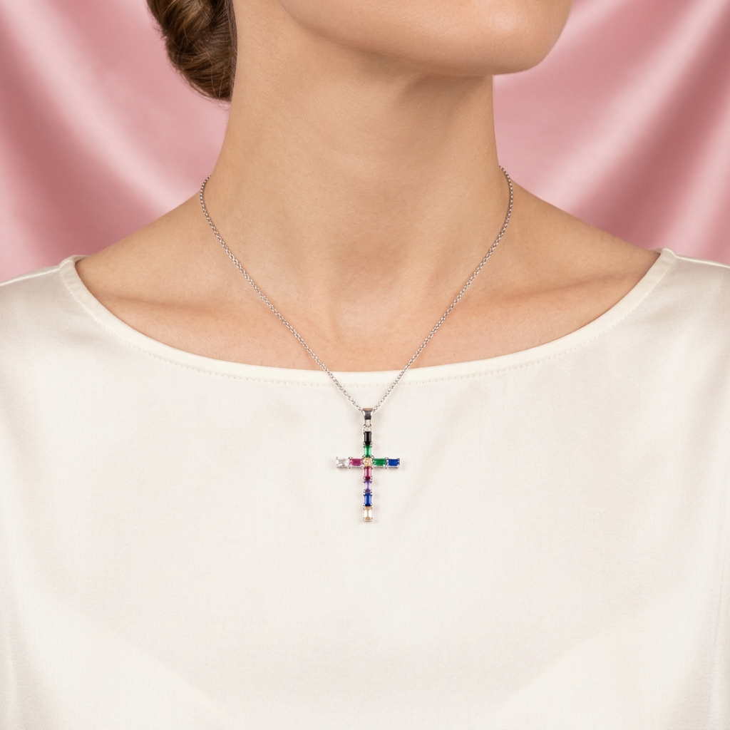 Dije de Plata .925 Cruz con Zirconias de Colores mod. 2176
