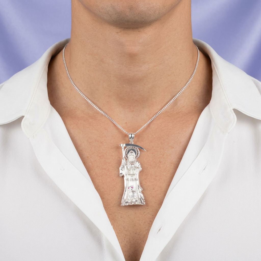 Dije de Plata .925 Santa Muerte Jumbo con Zirconias mod. 2593