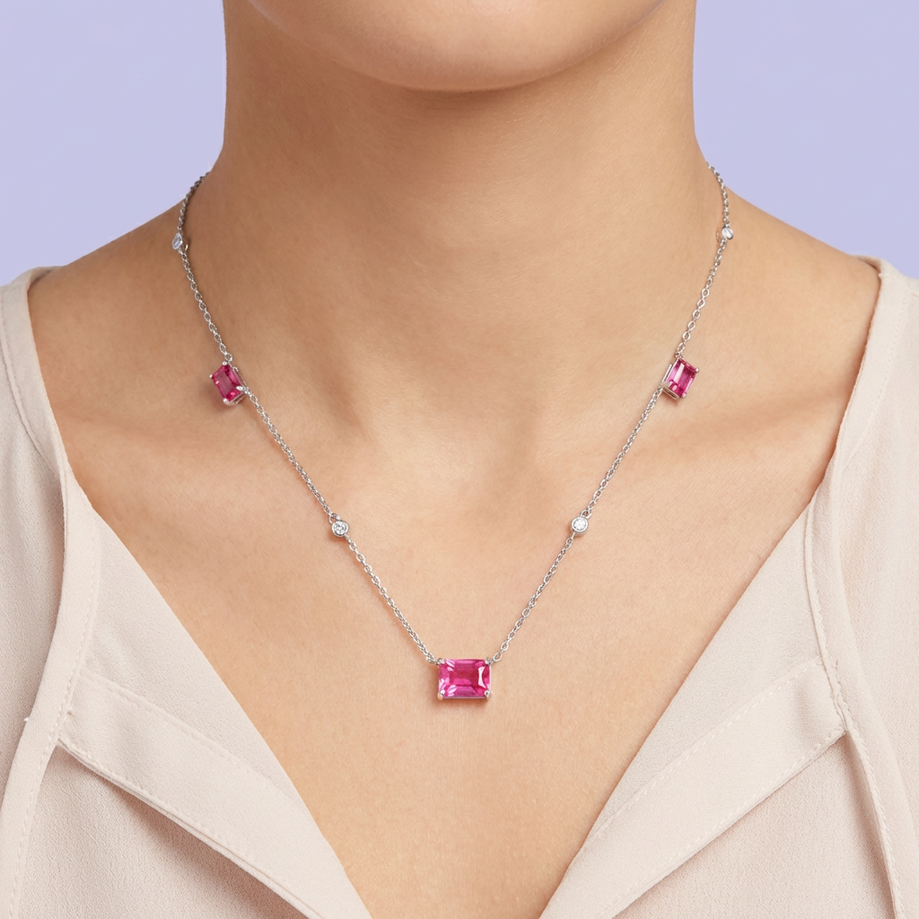 Gargantilla de Plata .925 de Diseño Elegante con Zirconias Finas de Color Rosa Fucsia mod. 2094