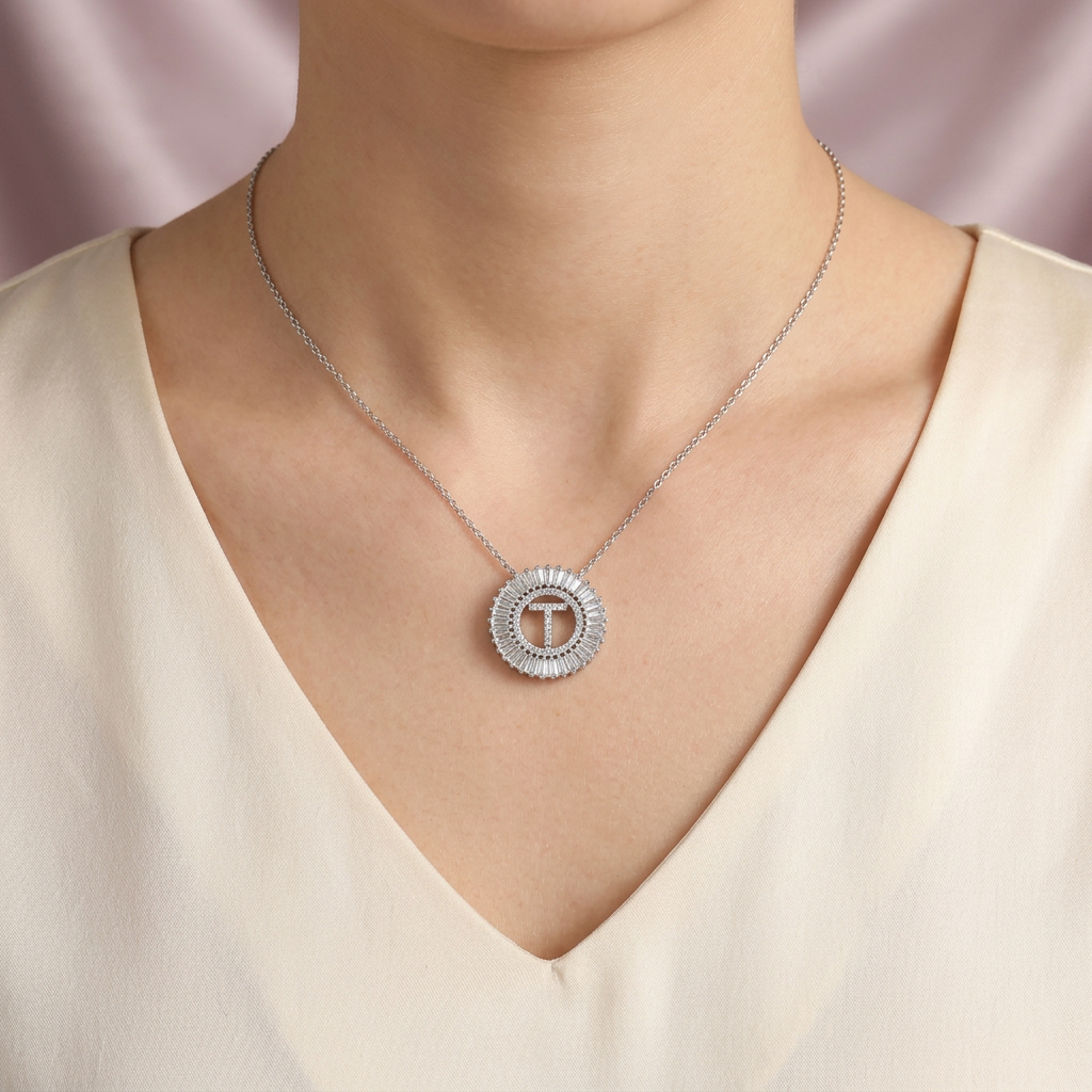 Gargantilla de Plata .925 con Dije de Inicial T Incrustada de Zirconias mod. 2425