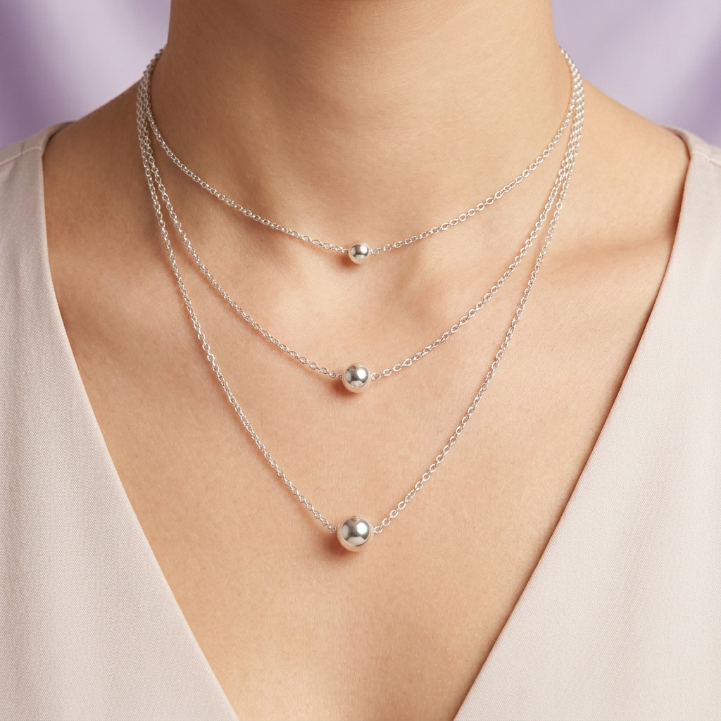 Gargantilla de Plata .925 Diseño Triple con Esferas Huecas Brillantes mod. 2989