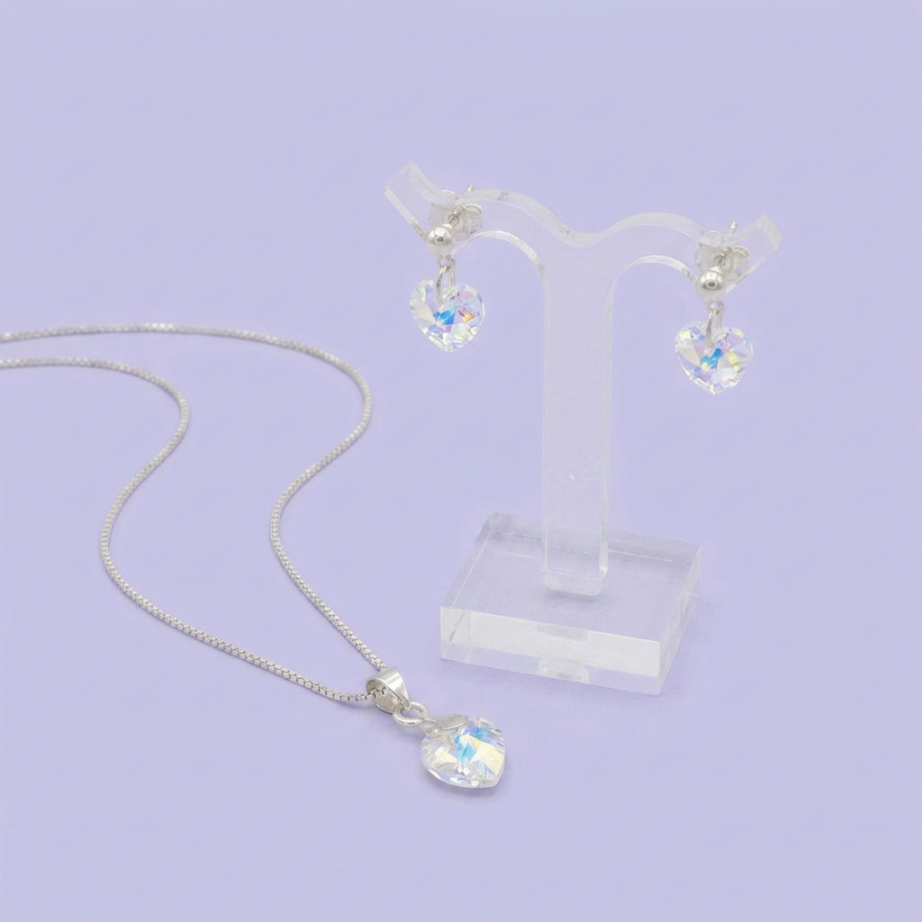 Coordinado de Plata .925 Corazones Brillantes de Swarovski Tono Torazol Blanco mod. 2992