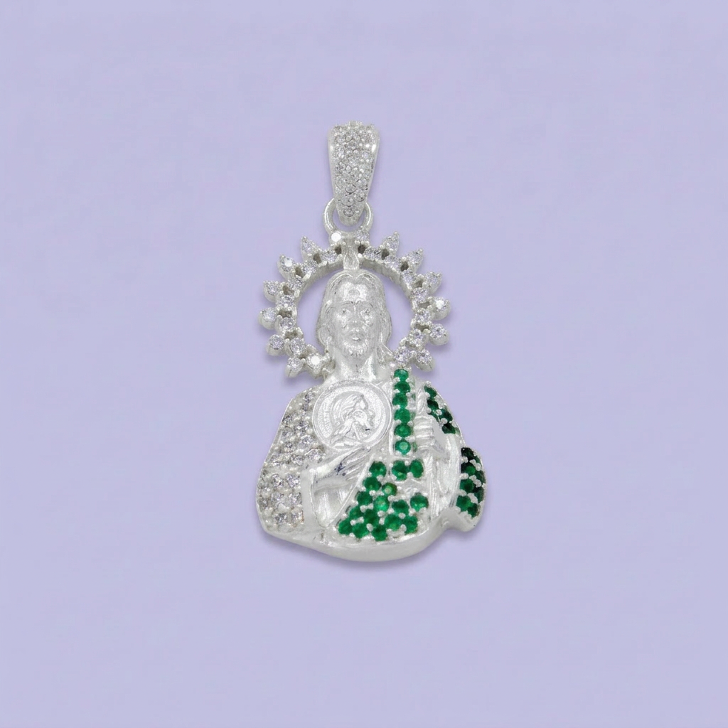 Dije Bulto de Plata .925 Busto de San Judas Incrustado con Zirconias y Aura Especial mod. 2750