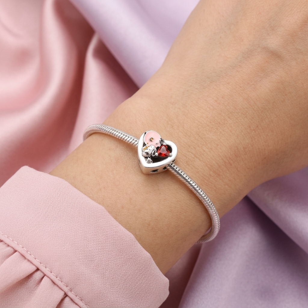 Dije de Plata .925 Estilo Charm en Forma de Corazón Niño ,Perro y Zirconia mod. 2914