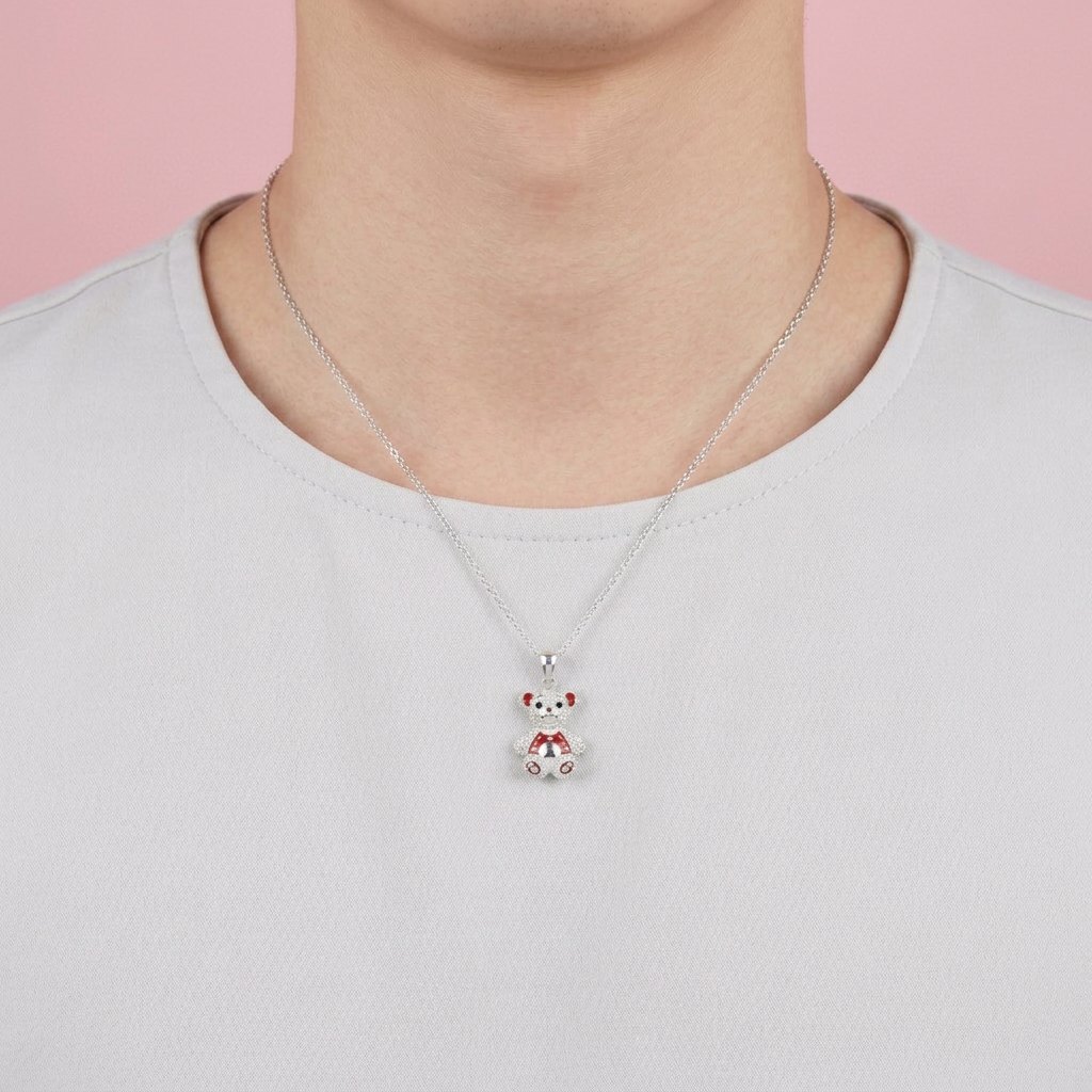 Dije de Plata .925 Pequeño Oso con Esmalte Rojo y Zirconias mod. 2761