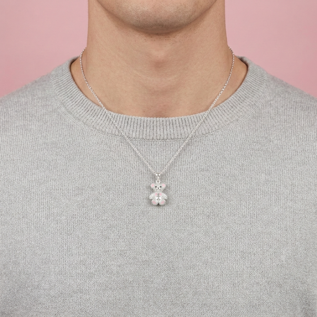 Dije de Plata .925 Pequeño Oso con Esmalte Rosa y Zirconias mod. 2762