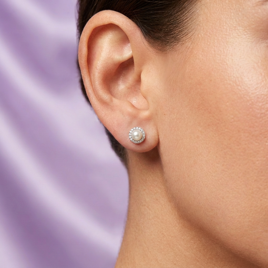 Arete de Plata .925 Diseño de Perla Circular con Incrustacion de Zirconias  mod. 2778