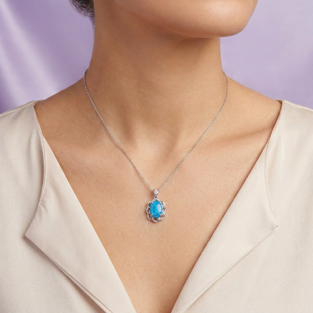 Dije de Plata .925 con Diseño Elegante Incrustado con Zirconias y Ópalo Azul mod. 2888