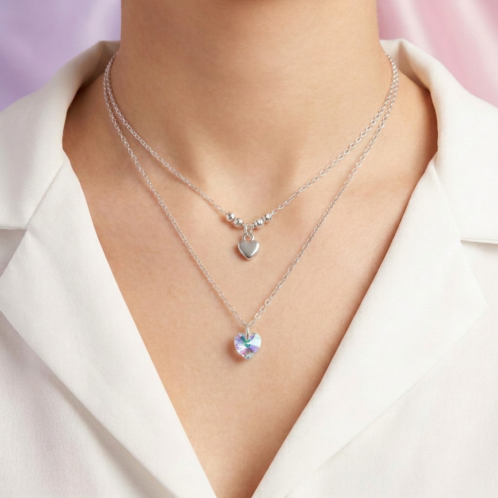 Gargantilla de Plata .925 Diseño Doble con Corazón Inflado y Corazón Swarovski de Tono Tornazol mod. 2990