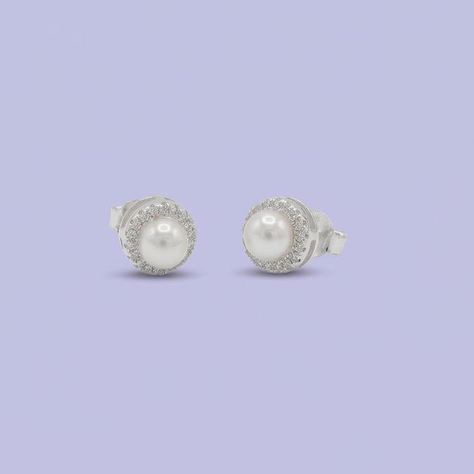 Arete de Plata .925 Diseño de Perla Circular con Incrustacion de Zirconias  mod. 2778