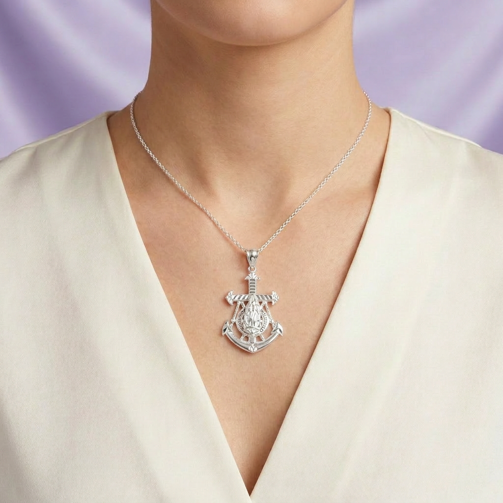 Dije de Plata .925 Cruz Ancla Guadalupana con Zirconias mod. 2742