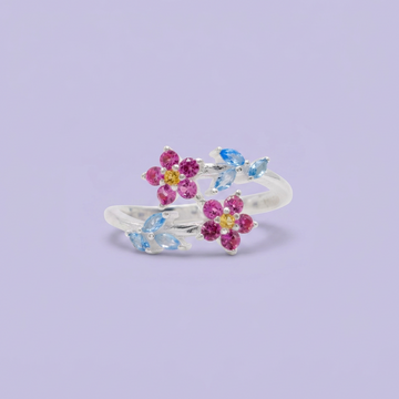 Anillo de Plata .9025 Doble Flor de Zirconia Fucsia y detalles en Azul Cielo mod. 2799