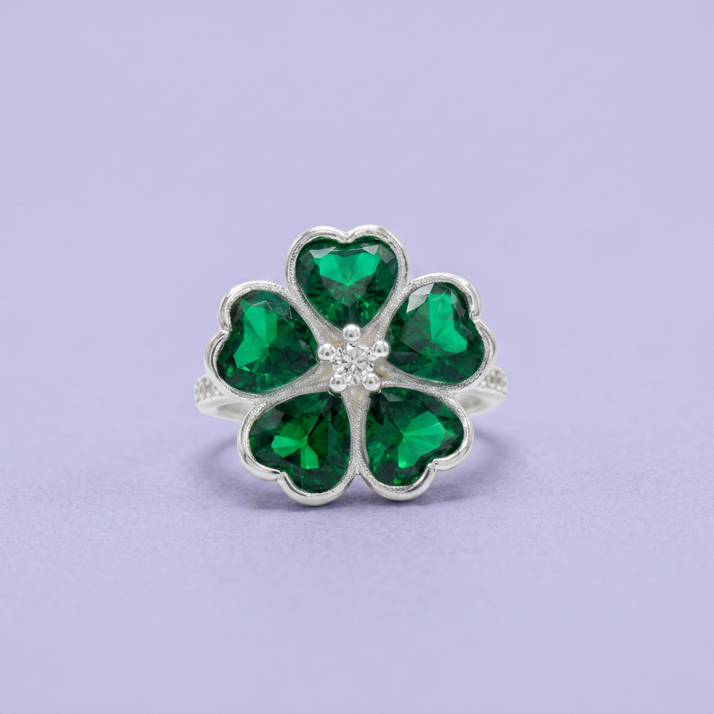 Anillo de Plata .9025 Diseño de Flor de Trebol con Zirconia Verde mod. 2792