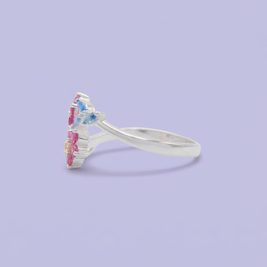 Anillo de Plata .9025 Doble Flor de Zirconia Fucsia y detalles en Azul Cielo mod. 2799