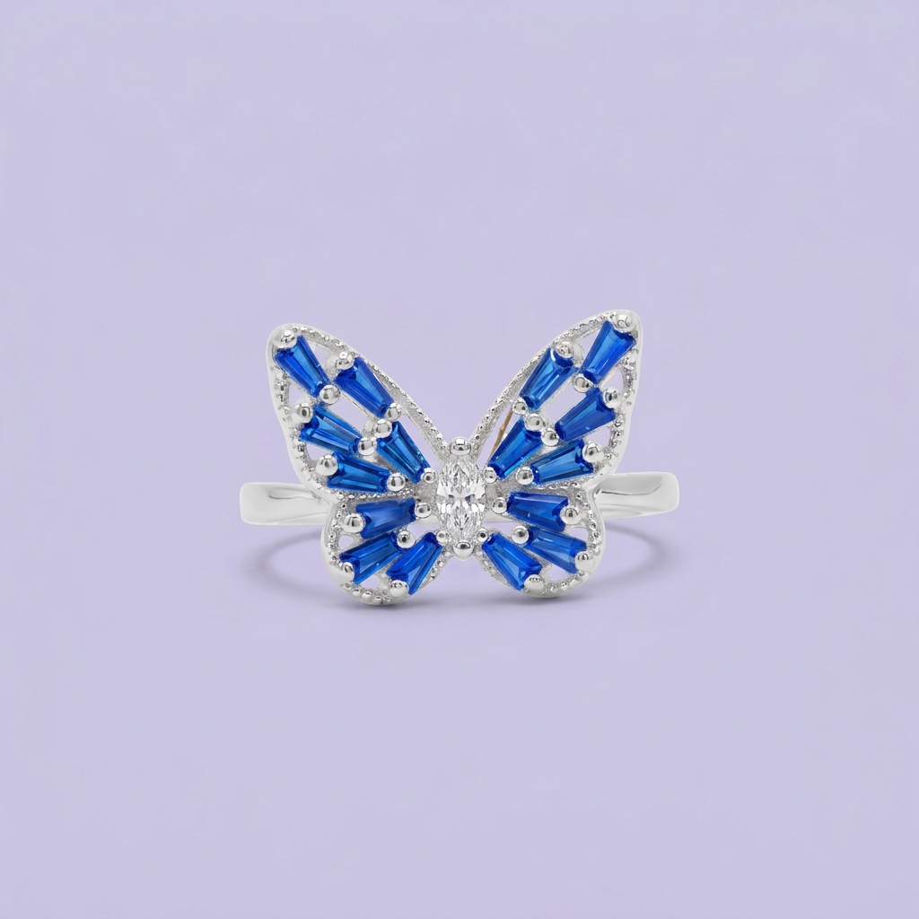 Anillo de Plata .9025 Diseño de Mariposa con Zirconia Azul mod. 2791