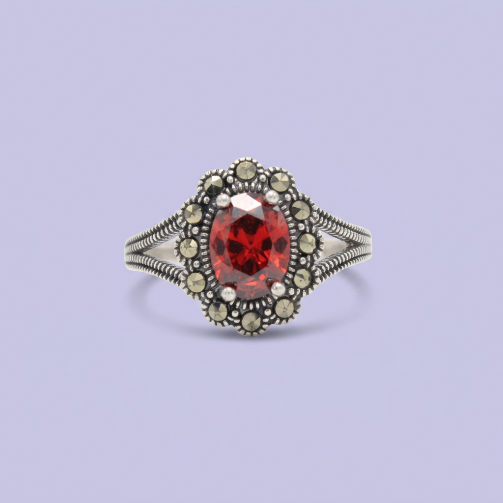 Anillo de Plata .925 Diseño Elegante con Zirconia Color Rojo Rubí y Marquesitas mod. 3153