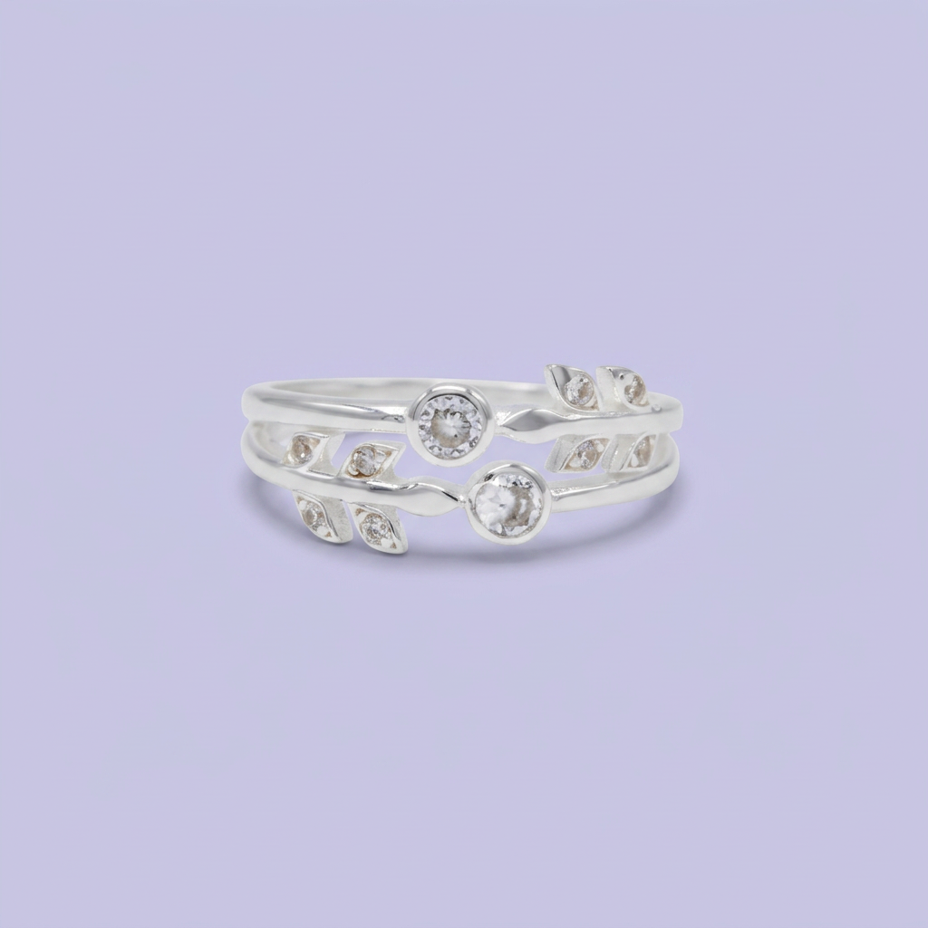 Anillo de Plata .925  con Diseño de Doble Línea con Hojas de Zirconia Blanca mod. 3120