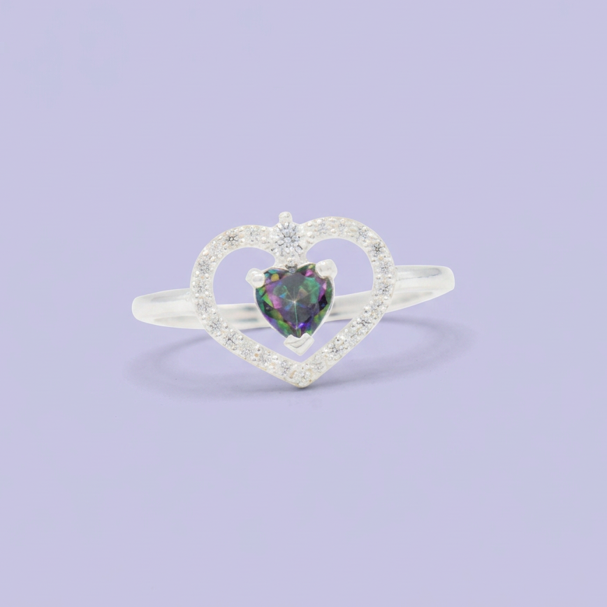Anillo de Plata .925  Corazón Calado con Incrustación de Zirconia Color Topacio Místico  mod. 3135