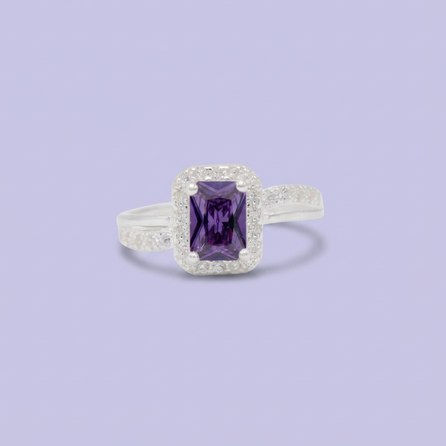Anillo de Plata .925  Rectangular y Linea en S con Zirconia Morada mod. 3126