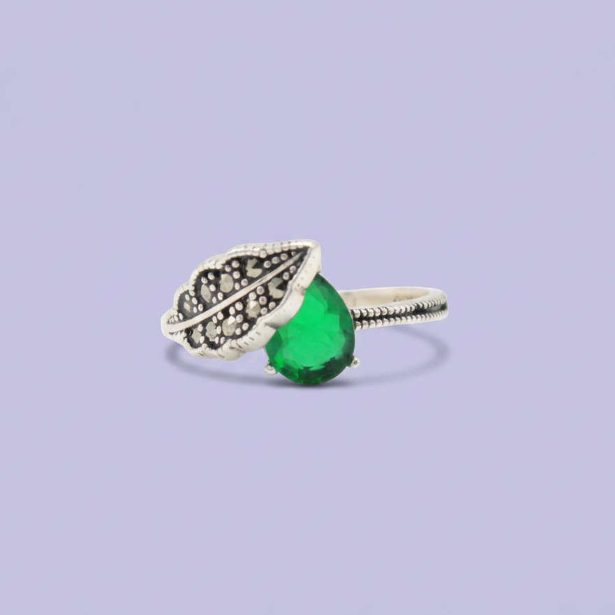 Anillo de Plata .925 Gota y Hoja con Zirconia Verde y Marquesitas mod. 3150