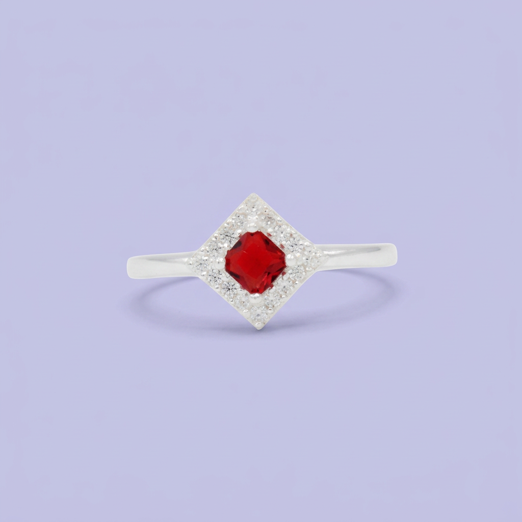 Anillo de Plata .925  con Diseño de Rombo Chico con Zirconia Roja mod. 3123