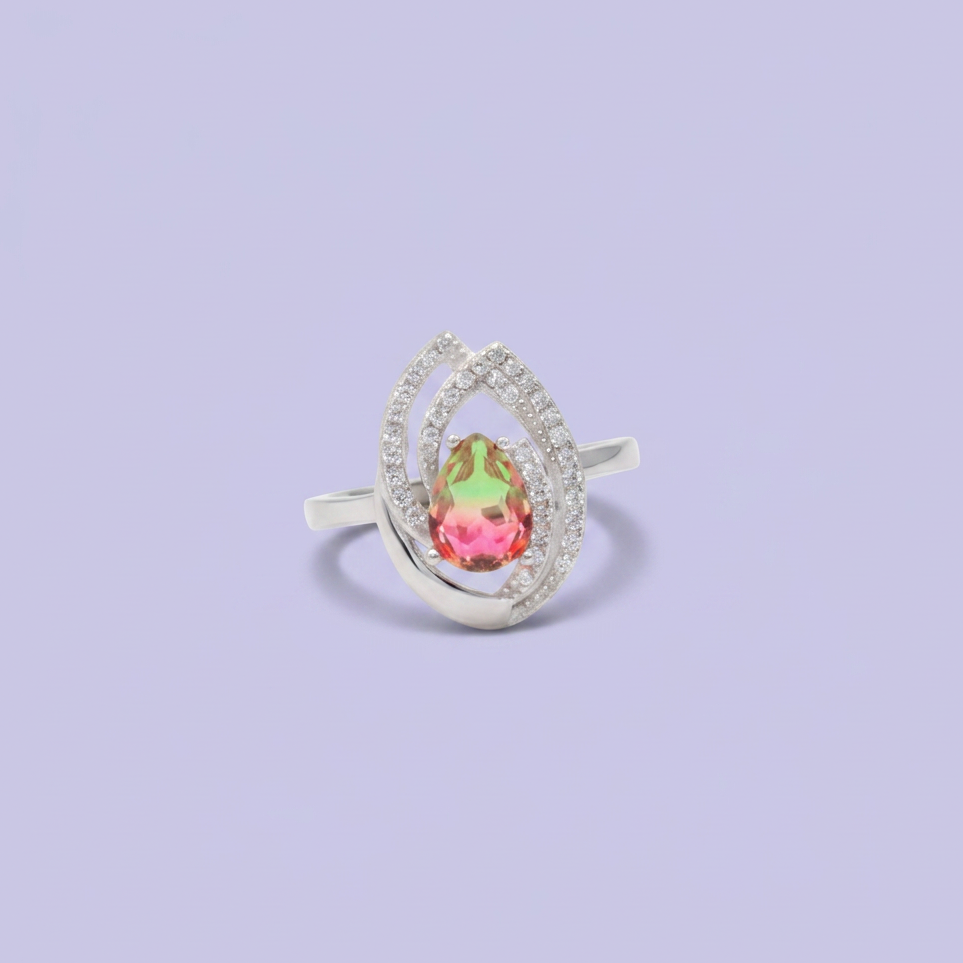 Coordinado de Plata .925  Doble Hoja con Centro Rosa Pastel y Verde e Incrustación de Zirconia mod. 2948