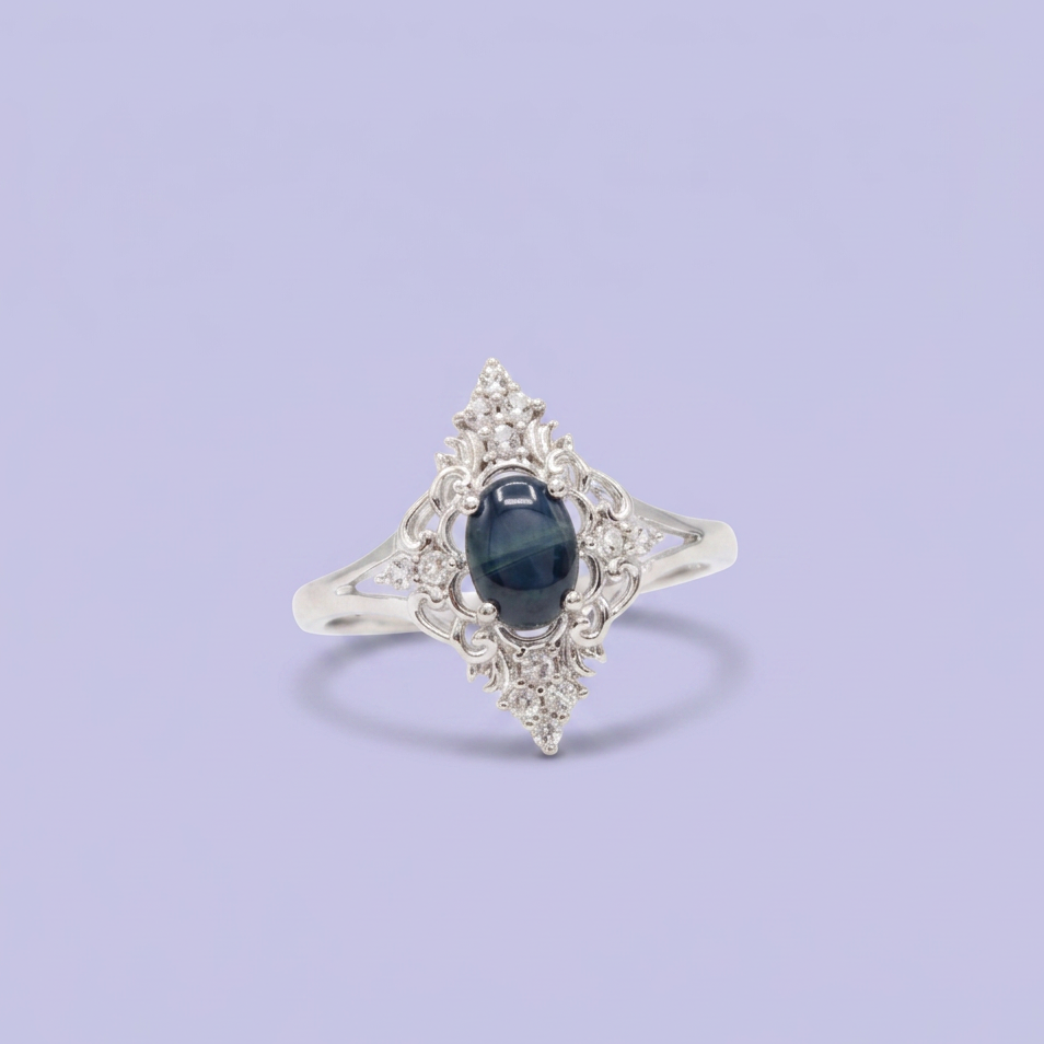 Coordinado de Plata .925 Con Diseño Barroco y Centro de Zirconia Negra Azulada mod. 2951