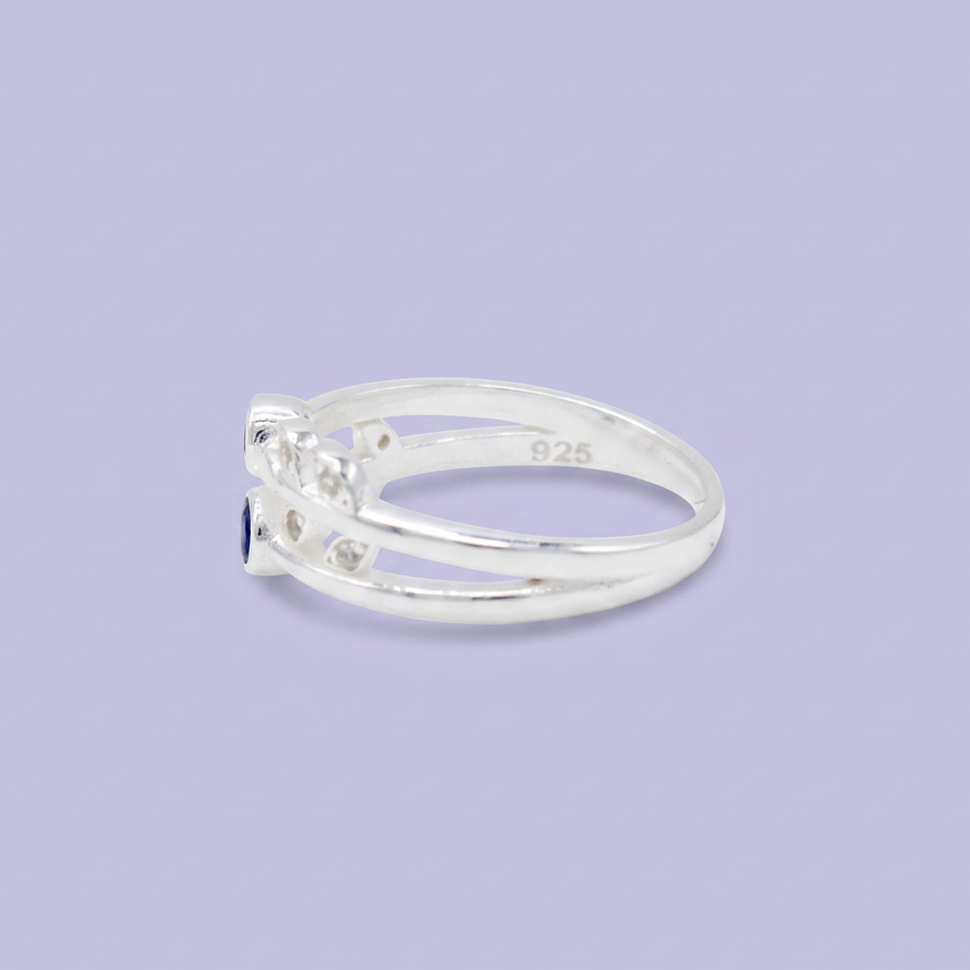Anillo de Plata .925 Diseño Doble Linea con Hojas y Zirconia Color Zafiro mod. 3102
