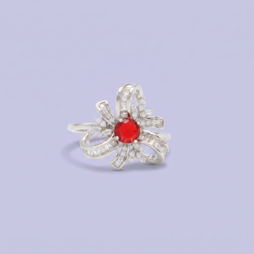 Coordinado de Plata .925 Listones y Detalles de Hojas con Incrustación de Zirconias Rojas mod. 2946