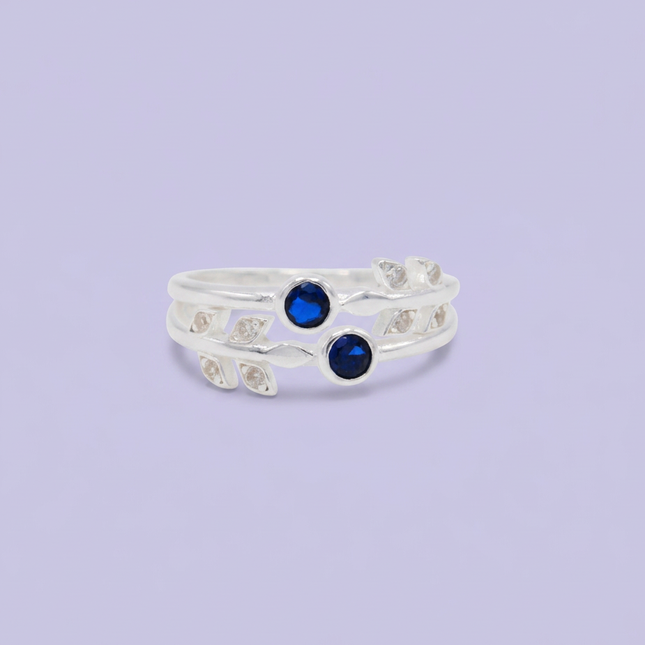Anillo de Plata .925 Diseño Doble Linea con Hojas y Zirconia Color Zafiro mod. 3102