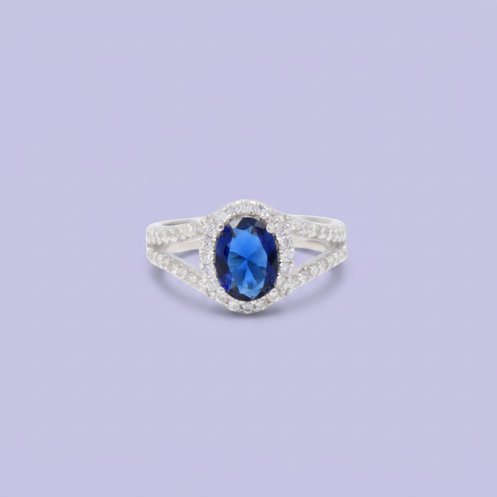 Anillo de Plata .925 Doble Linea y Zirconia Color Zafiro Oval mod. 2923