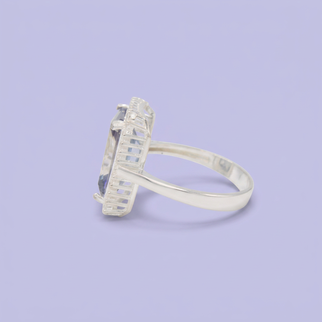 Anillo de Plata .925 Diseño Rectangular Grande con Zirconia Color Azul Marino mod. 3107