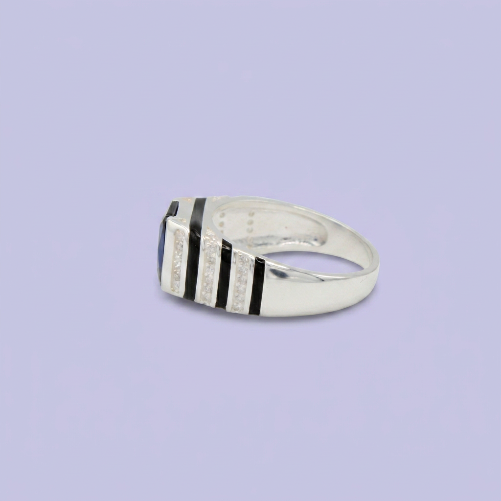 Anillo de Plata .925 Diseño Rayado con Zirconia Color Azul Zafiro mod. 2666