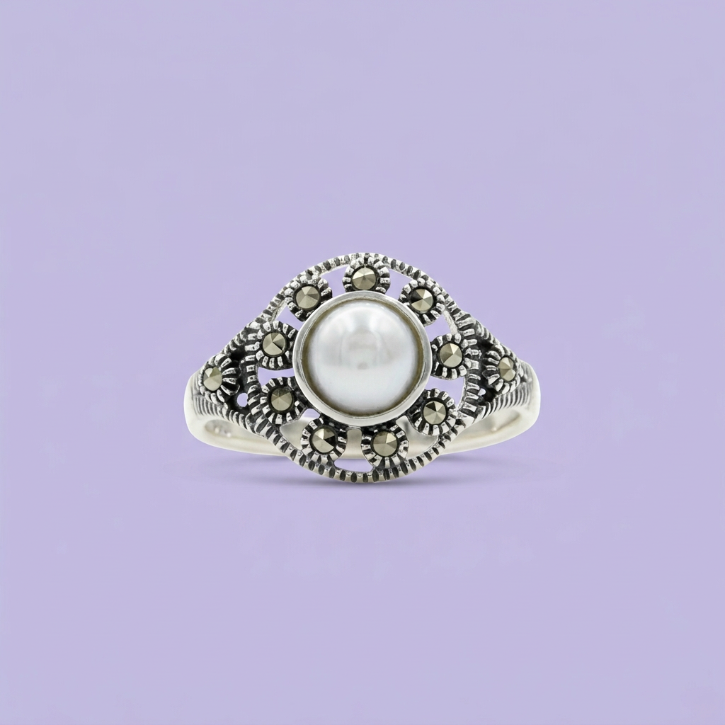 Anillo de Plata .925 Centro de Perla con Aro de Marcasitas mod. 2252